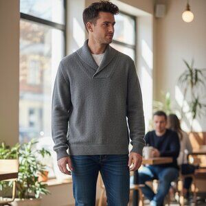 Banana Republic Men Sweater Gray Cotton Long Sleeve Shawl Neck Pullover Size M